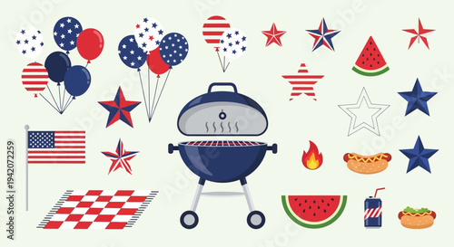 American bbq elements illustration flags balloons stars grill food and beverages festive celebration graphics