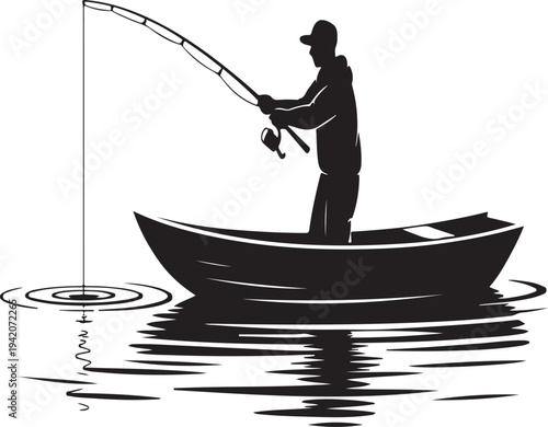 Sport fishing scene fisherman catching fish from boat illustration