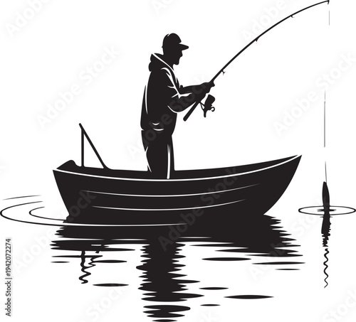 Angler standing in boat fishing with rod vector silhouette design