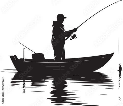 Fisherman fishing from boat on lake silhouette vector illustration
