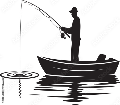 Fisherman fishing from boat on lake with rod silhouette vector illustration sport fishing activity isolated on white background outdoor recreation concept