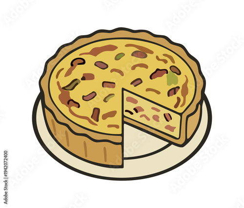 Quiche Lorraine. Traditional French pie. Vector isolated illustration