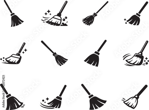 Broom sweep besom icon set vector illustration for web, app, logo, UI. Cleaning tool symbol design.