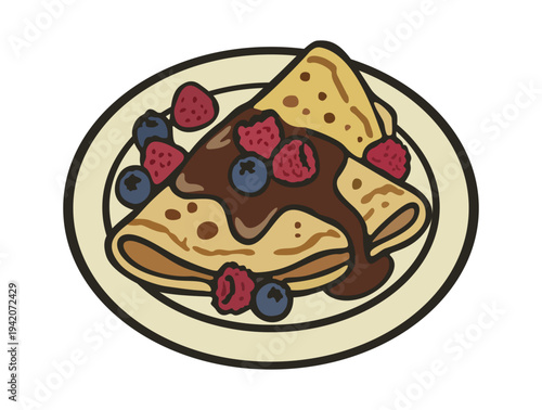 Crepes with chocolate and berries on plate. Vector isolated illustration