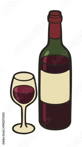 Red wine bottle and wine glass. Vector isolated illustration