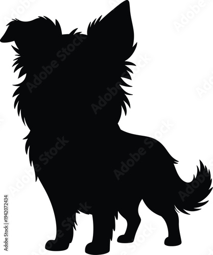 Black silhouette of a standing dog with pointy ears and long fur