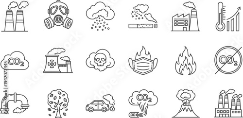 Air pollution and environmental hazard line icons collection, factory emissions, CO2 clouds, gas mask, climate change symbols vector set