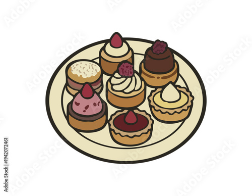 Assorted mini desserts on plate. Vector isolated illustration