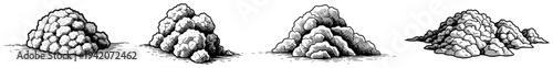 Set of hand drawn stone piles and rock mounds in a vintage engraving style