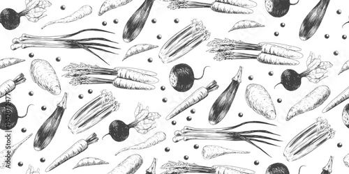 Seamless pattern with vegetables. Engraving background with carrots, radishes, celery, parsnips, sweet potatoes, peas and zucchini. Black and white illustration of vegetables. Pattern for menu