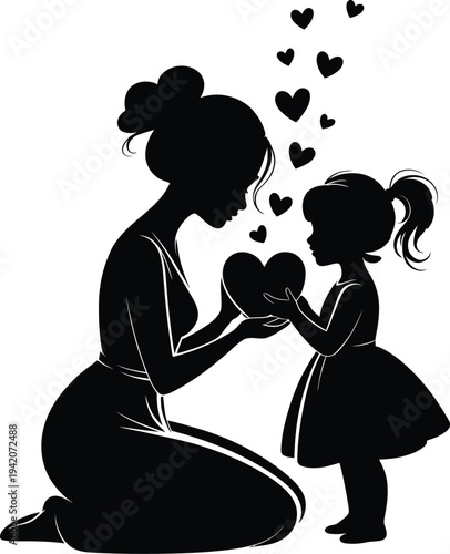Black silhouette of a mother and daughter sharing a heart with floating hearts