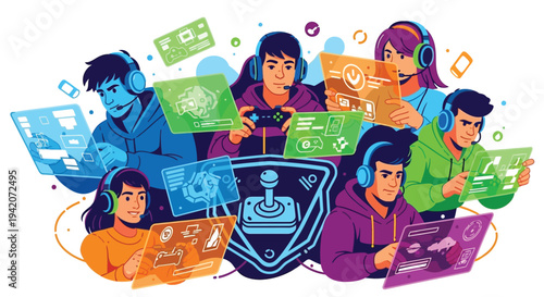 Group of young gamers collaborating on a project together with various devices