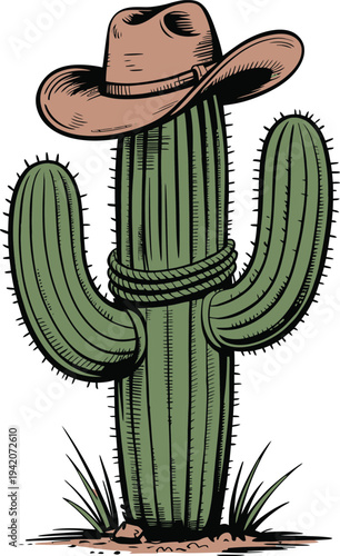 A cartoon cactus wearing a cowboy hat on isolated with grass