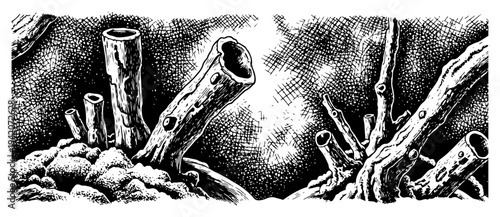 Dramatic woodcut style illustration of gnarled tree roots and hollow branches with dark hatching