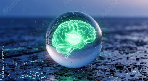 Glowing Brain Inside a Crystal Ball Futuristic Concept of Artificial Intelligence and Human Mind.