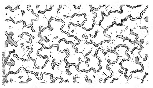 Top down hand drawn view of winding canyon paths and cracked ground forming an abstract maze