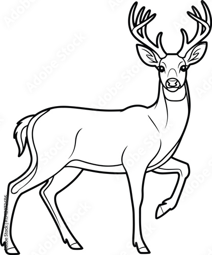 A black and white line drawing of a deer with large antlers standing