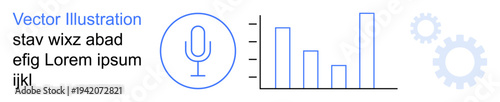 Technology, data analysis, voice recognition, automation, communication, productivity. Microphone icon, bar chart and gear symbols. Technology and data analysis concept