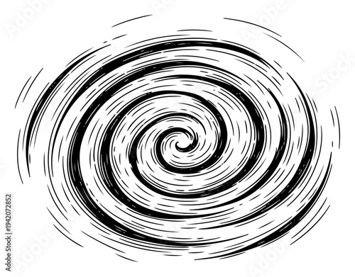Abstract hand drawn spiral vortex with circular ink lines and messy texture