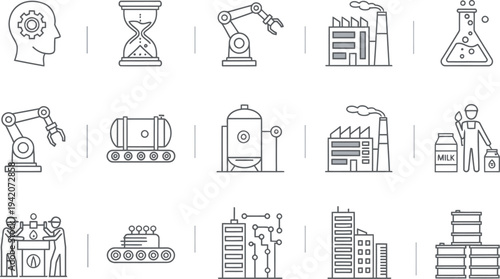 Industrial automation and manufacturing line icons collection, factory robots, production process, chemical lab and smart industry technology vector set