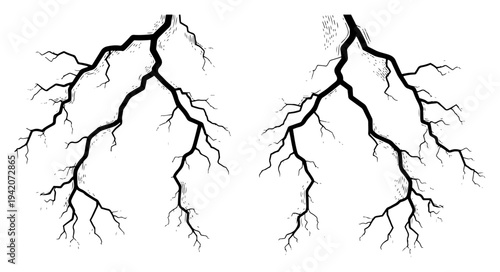 Set of hand drawn lightning bolts with detailed electric crackle and line art texture