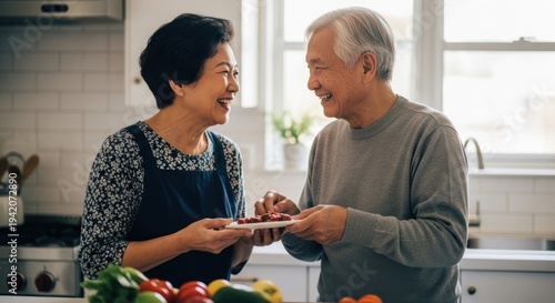 Happy elderly couple cooking together in a bright kitchen enjoying their time.