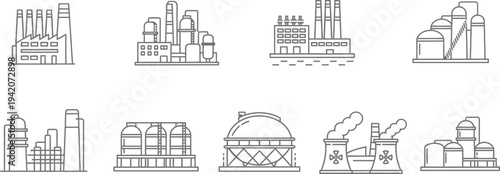 Industrial factory and power plant line icons collection, refinery tanks, cooling towers and manufacturing facilities infrastructure outline vector set