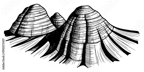 Vintage hand drawn illustration of layered sedimentary rock mountains with crosshatch shading