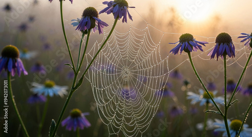 Dew-covered spider web among wildflowers at dawn  