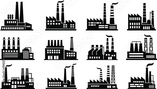 Industrial factory building silhouettes collection, power plant and refinery icons set, manufacturing industry infrastructure symbols isolated vector illustration
