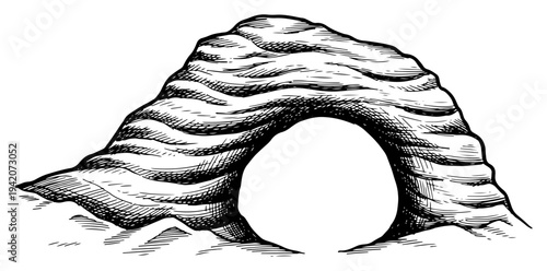Artistic hand drawn natural rock arch formation with detailed crosshatch shading and vintage style