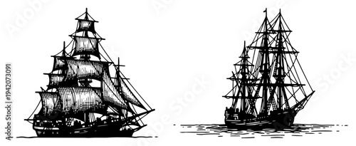 Engraving style illustration of two vintage sailing ships or galleons navigating on the sea