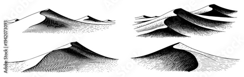 Detailed woodcut style illustration of desert sand dunes with dramatic shading and texture