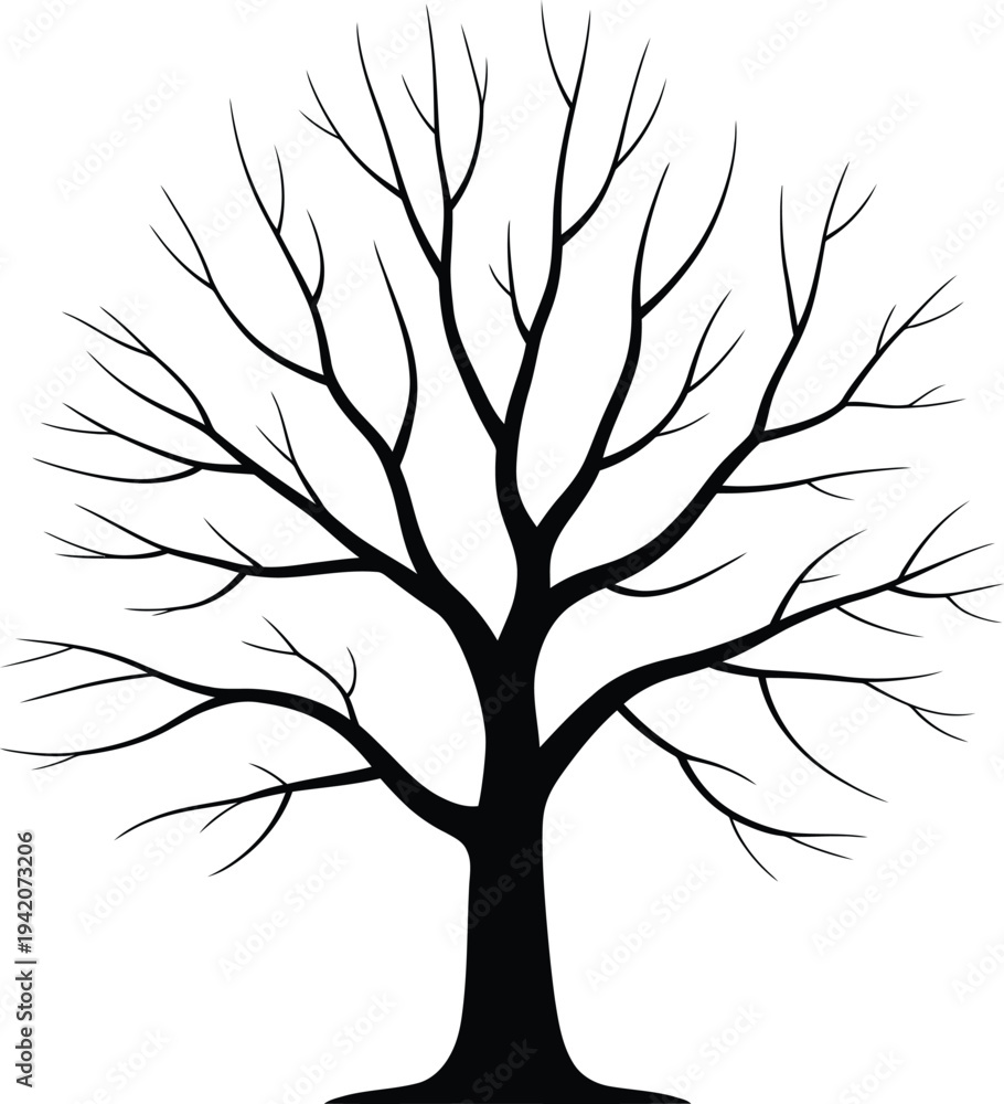 Obraz premium A black silhouette of a bare tree with many branches and a thick trunk