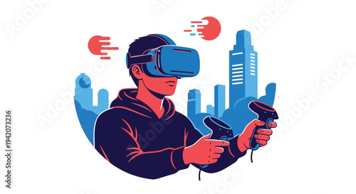 man wearing virtual reality headset and holding controllers in a futuristic cityscape environment digitally