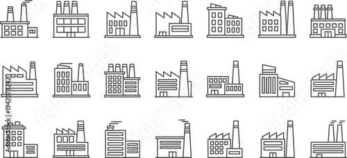 Industrial factory line icon set, manufacturing plant buildings power facilities warehouse industry symbols outline vector collection for industrial infographic design