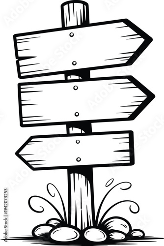 A black and white illustration of a wooden signpost with three blank boards pointing in different directions