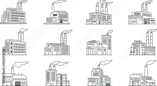 Industrial factory line icons collection, manufacturing plant buildings with chimneys and smoke stacks, power industry infrastructure outline vector set