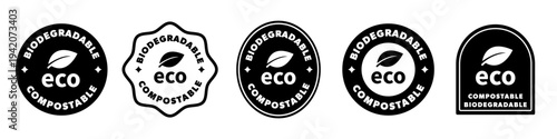 Biodegradable and compostable stickers. Vector container marks design.