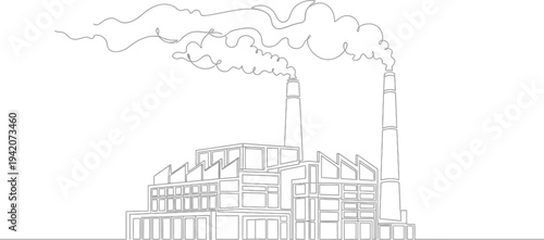 Industrial factory with smoke chimneys illustration, heavy manufacturing plant infrastructure, pollution emitting industry building line art vector