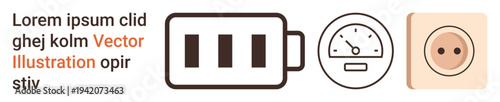 Energy efficiency, power management, renewable energy, charging technology, electrical systems, technology education. Battery icon, speedometer and power outlet in minimal design. Energy efficiency