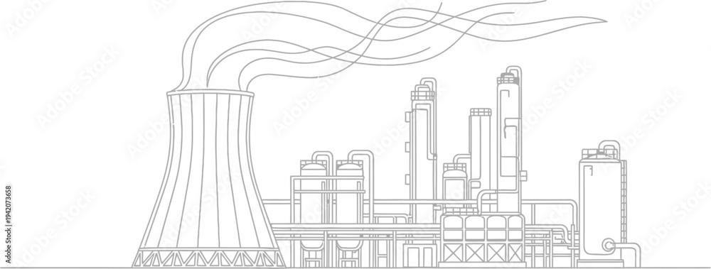 Obraz premium Industrial power plant refinery illustration, cooling tower and chemical factory infrastructure, heavy industry production facility line art vector