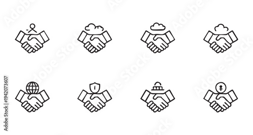 Diversity and inclusive partnership icons featuring gender symbols protection shields and world deals