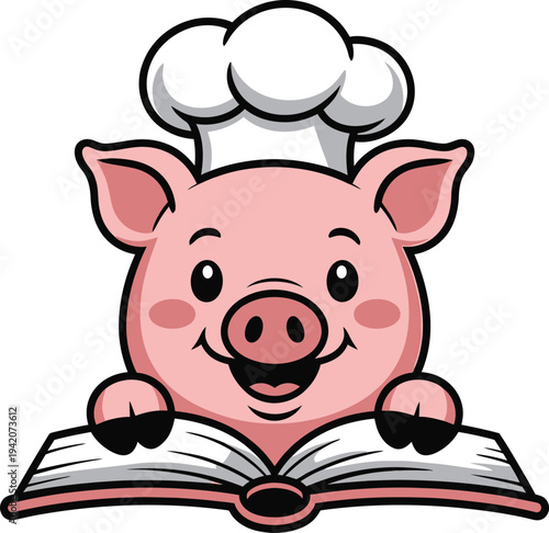 A cheerful pink pig wearing a chefs hat and reading a book