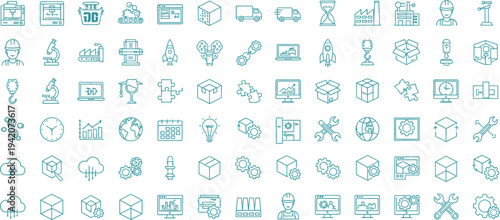 Industrial manufacturing line icons set, factory automation technology symbols collection, logistics production engineering outline vector icon pack isolated background industry