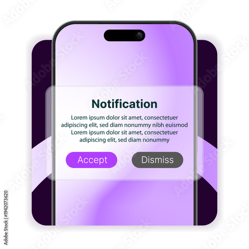Smartphone Notification Popup Interface with Accept and Dismiss Buttons – Mobile App Alert Message Window on Phone Screen, Push Notification UI Design, Digital Communication Technology Vector