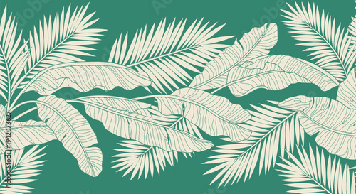 Vector tropical palm leaves border, green background