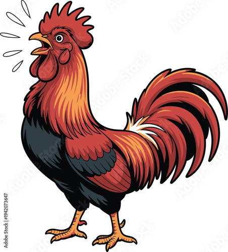 Vibrant cartoon rooster with bright red and orange plumage