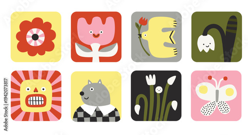 Funny stickers set, spring or summer time stickers collection, funny animals, insects and flowers, seasonal design. Print, square poster, emoji elements. Flower, bloom, character, bird, sun, cat. 