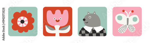 Funny stickers set, spring or summer time stickers collection, funny animals, insects and flowers, seasonal design. Print, square poster, emoji elements. Flower, bloom, character, butterfly. 